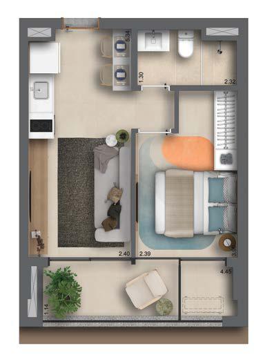 Planta 1 Dorm. | 38m² Privativos